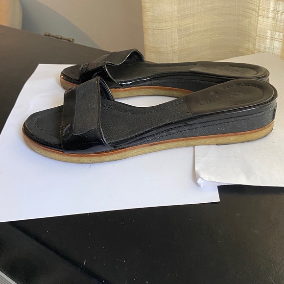 Chanel black canvas leather sandals mules heels slides 37-6.5 slip on in flats - Picture 9 of 10
